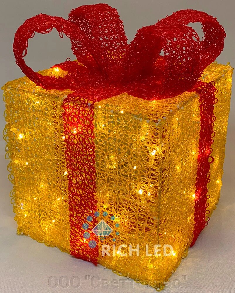 Светодиодный подарок 30 см, мерцающий, золотой, красный бант, теплый белый от компании ООО "Светтехпро" - фото 1