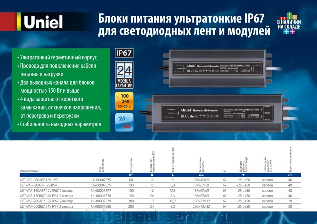 Блоки питания ультратонкие IP67 для светодиодных лент и модулей от компании Группа Компаний КабельСнабСервис - фото 1