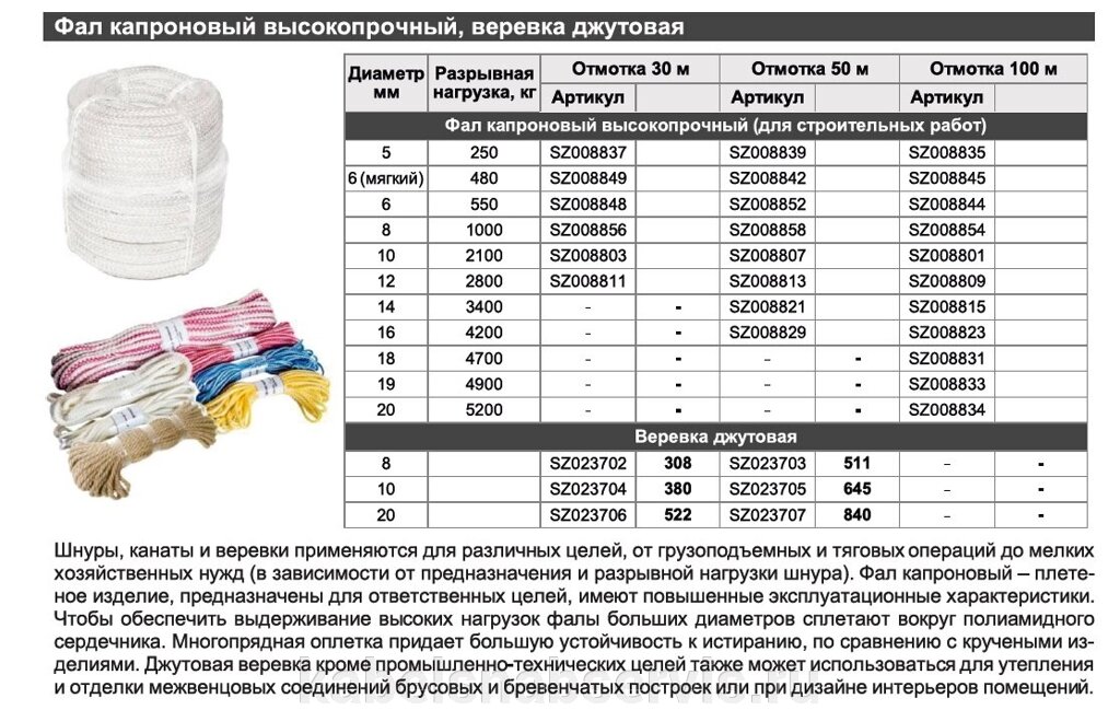 Фал капроновый высокопрочный, веревка джутовая от компании Группа Компаний КабельСнабСервис - фото 1