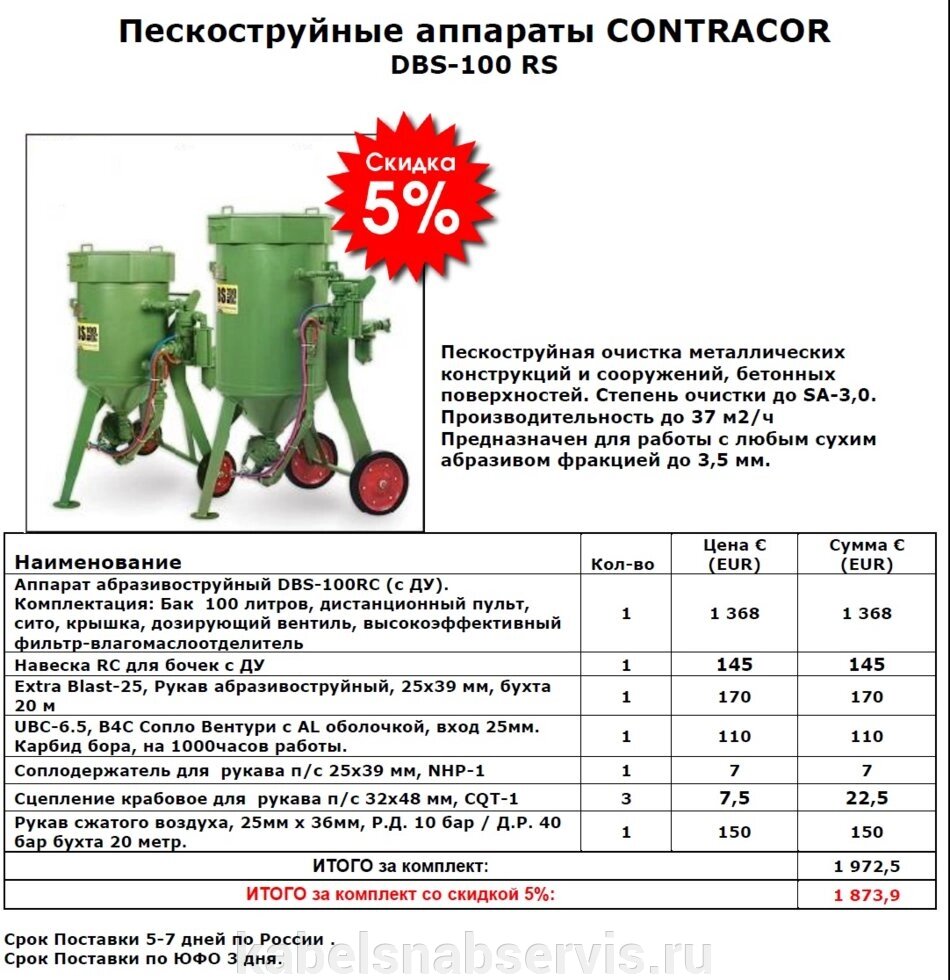 Пескоструйные аппараты CONTRACOR DBS-100 RS, Zitrek (Россия) DSMG-100 с ДУ, Zitrek (Россия) DSMG-200 с ДУ от компании Группа Компаний КабельСнабСервис - фото 1