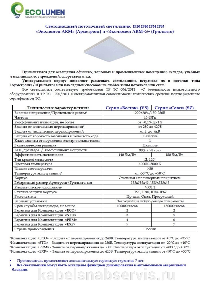 Светодиодный потолочный светильник IP20 IP40 IP54 IP65 «Эколюмен А RM»Армстронг) и «Эколюмен А RM-G»Грильято) - розница