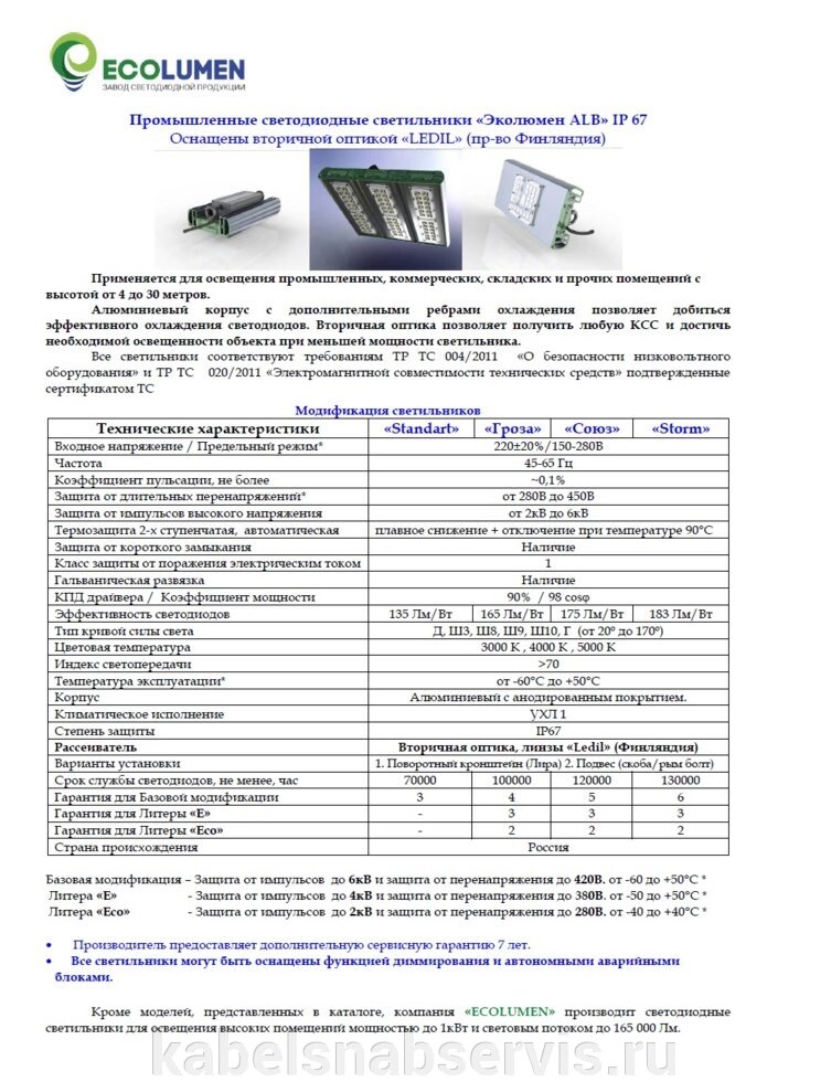 Промышленные светодиодные светильники «Эколюмен ALB» IP 67 Оснащены вторичной оптикой «LEDIL»пр-во Финляндия) - Россия