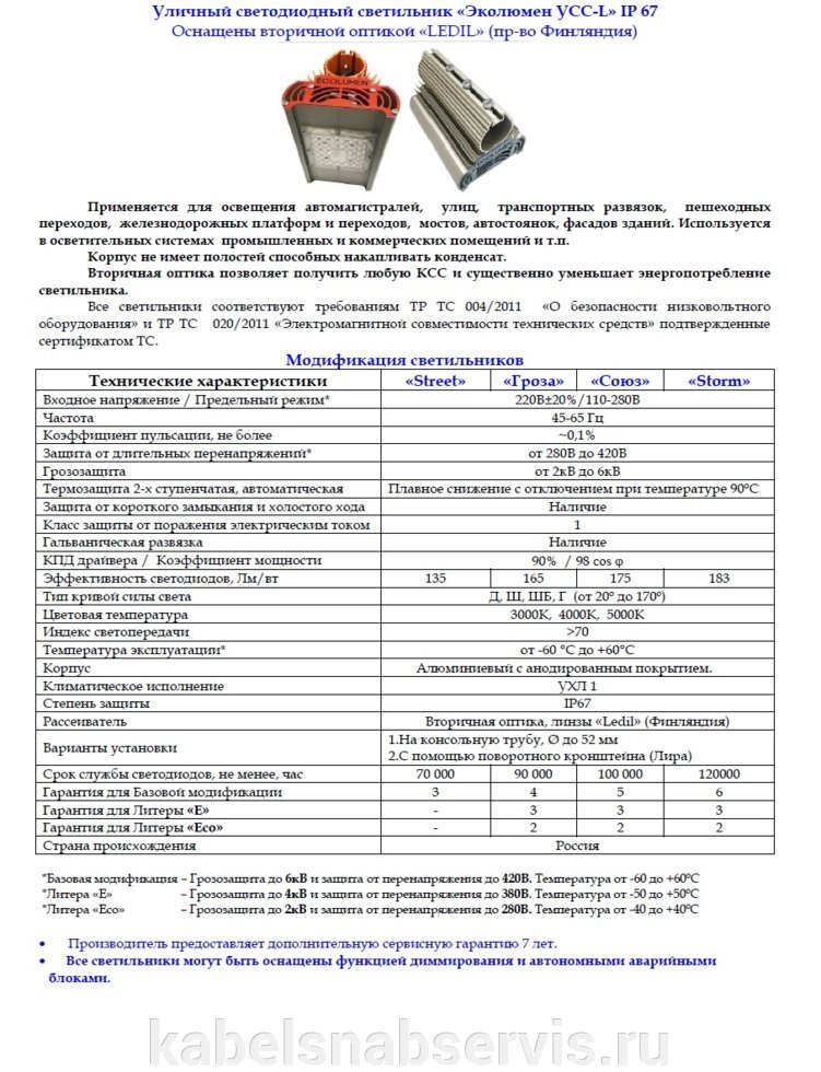 Уличный светодиодный светильник «Эколюмен УСС-l» IP 67 Оснащены вторичной оптикой «LEDIL»пр-во Финляндия) - особенности