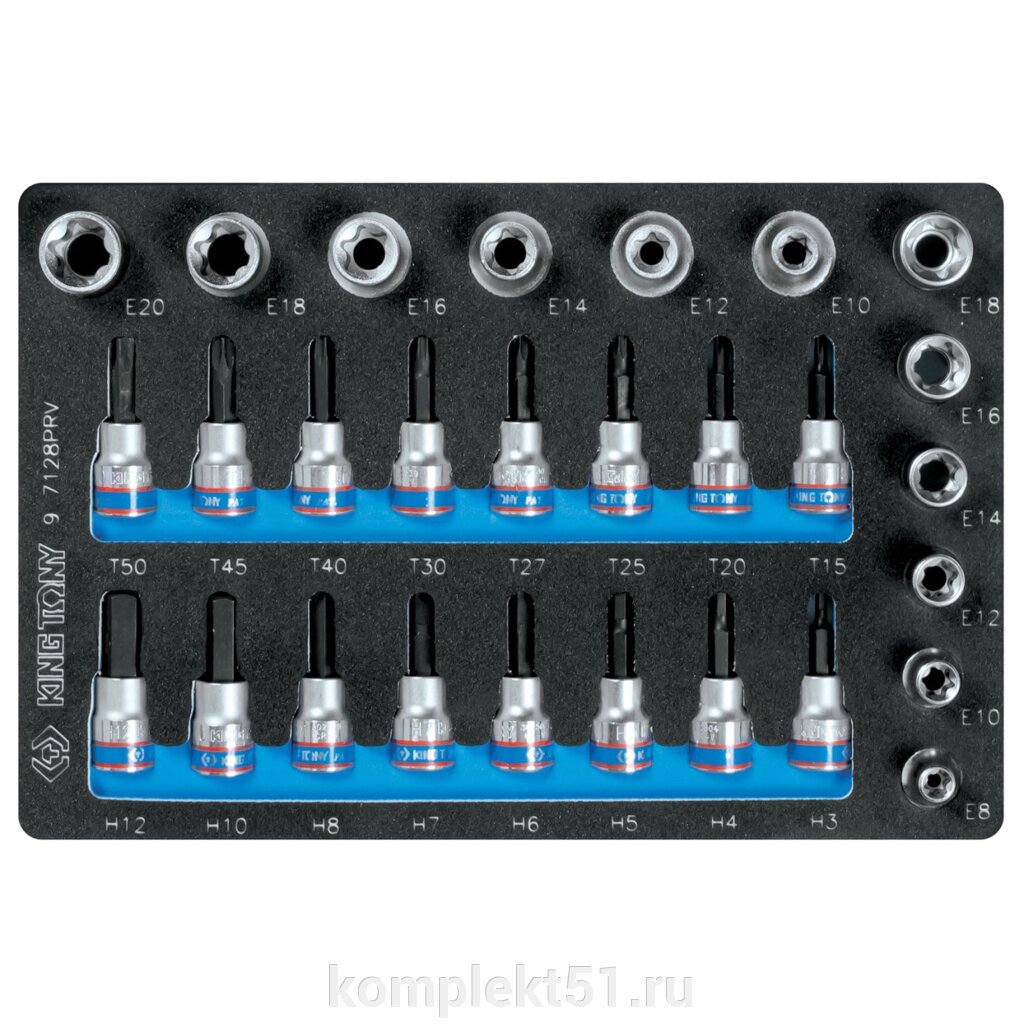 Набор торцевых насадок и головок 1/2", 3/8", Torx, Hex, Е6-Е20, ложемент, 28 предметов KING TONY 9-7128PRV от компании Cпецкомплект - оборудование для автосервиса и шиномонтажа в Мурманске - фото 1