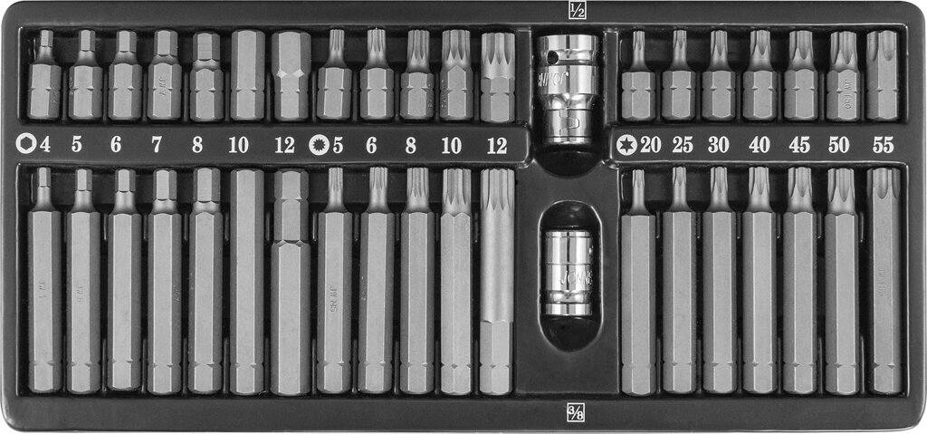 Набор вставок-бит 10 мм  H4-12 мм, Т20-Т55, M5-M12 (30 и 75 мм.), 3/8"DR и 1/2"DR, 40 предметов от компании Proffshina - фото 1