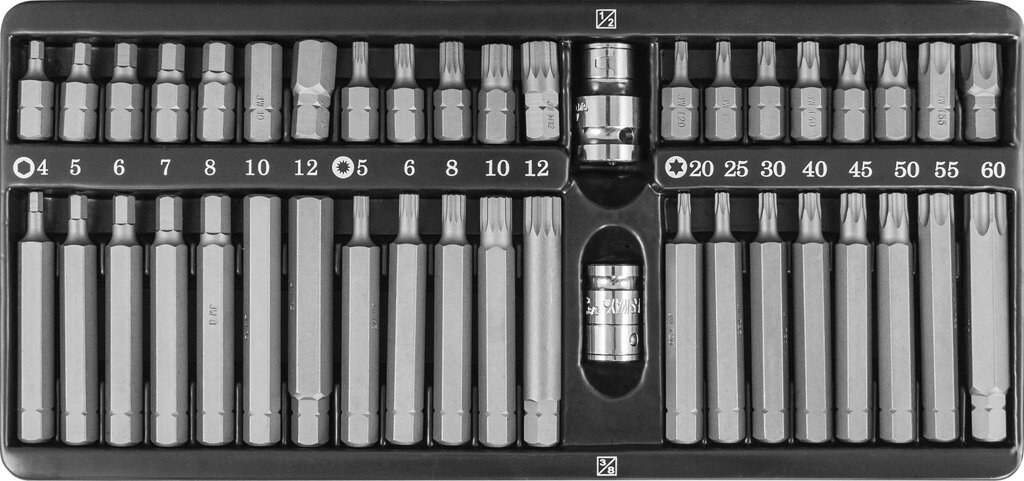 Набор вставок-бит 10 мм  шестигранных H4-12 мм, Torx Т20-Т60, Spline М5-М12 (30 и 75 мм), 42 предмета от компании Proffshina - фото 1