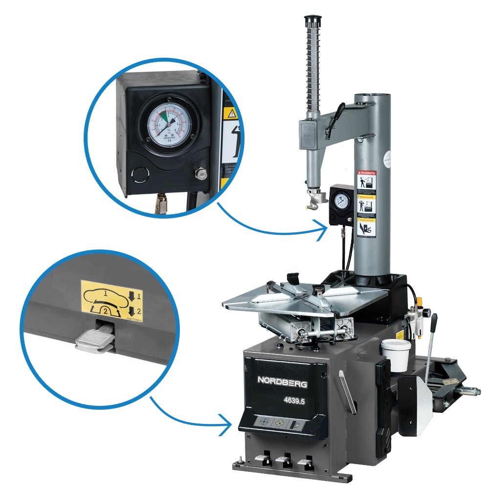Станок шиномонтажный 380V п/автомат, 2х скоростн, подкачка педалью, зажимы 13-26", усил отжим, серый NORDBERG 4639,5ID от компании Proffshina - фото 1
