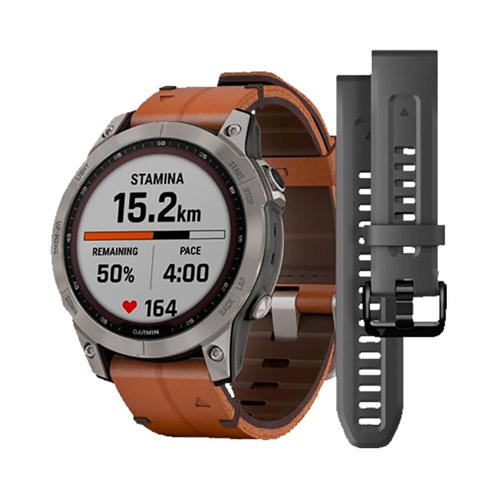 Часы Garmin Fenix 7 Sapphire Solar титановый серый с коричневым кожаным ремешком от компании АльПром - фото 1