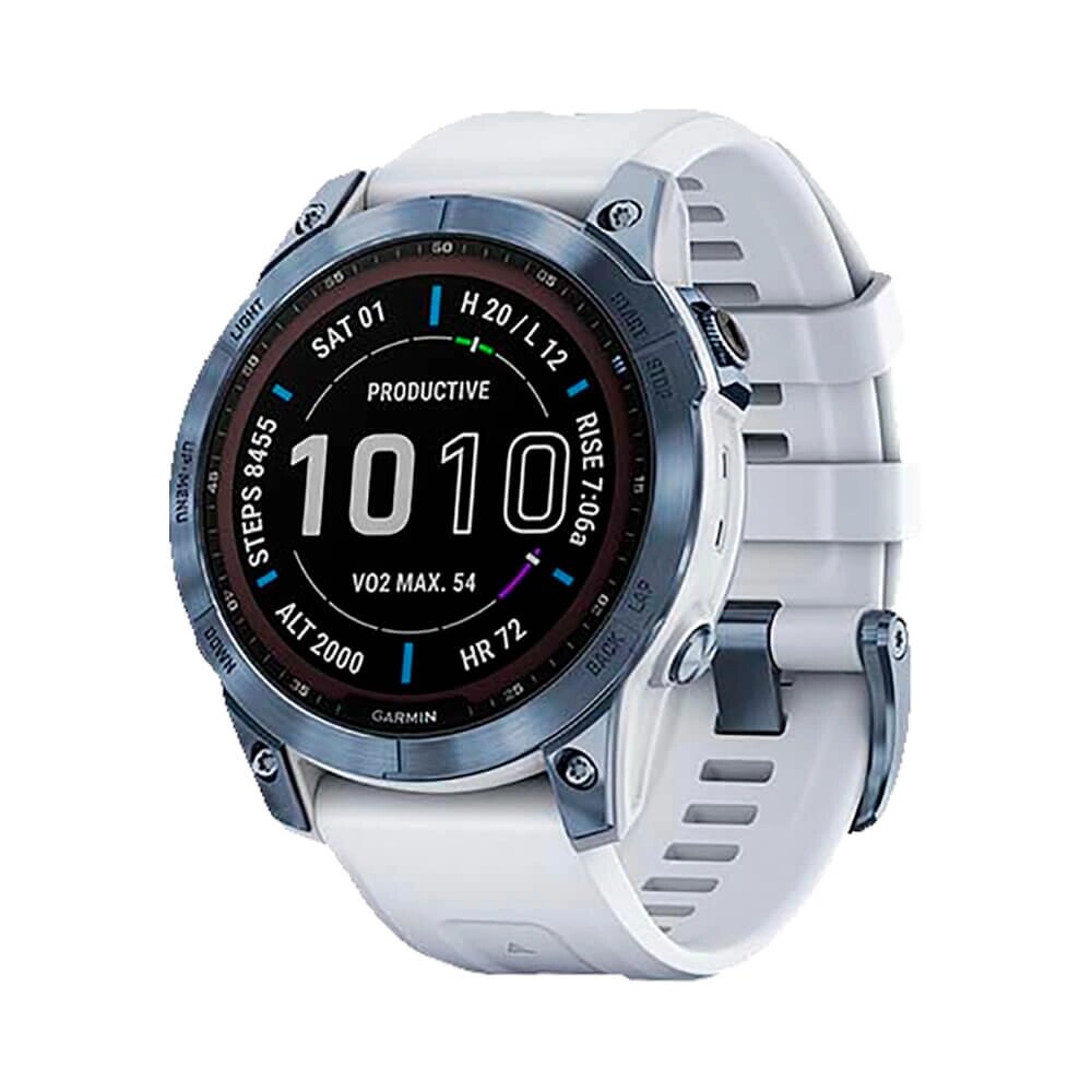 Часы Garmin Fenix 7 Sapphire Solar титановый синий минерал DLC с белым ремешком от компании АльПром - фото 1