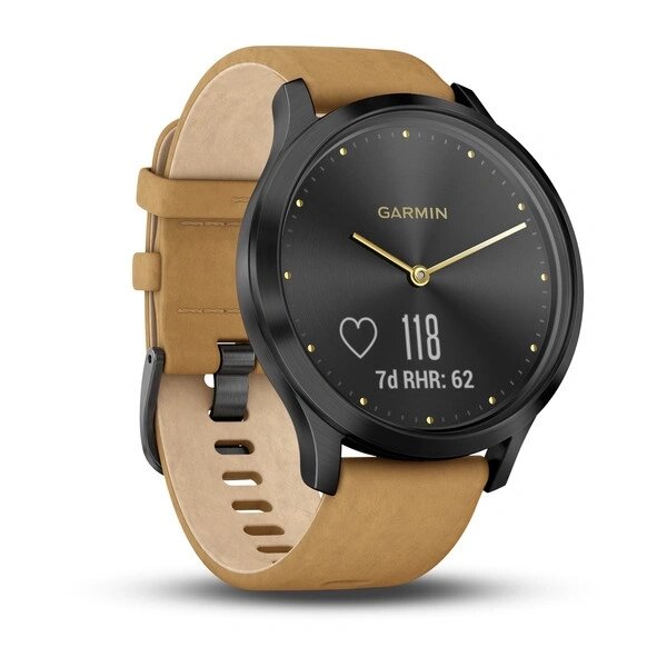 Часы Garmin Vivomove HR Premium черный оникс с светло-коричневым кожаным ремешком от компании АльПром - фото 1