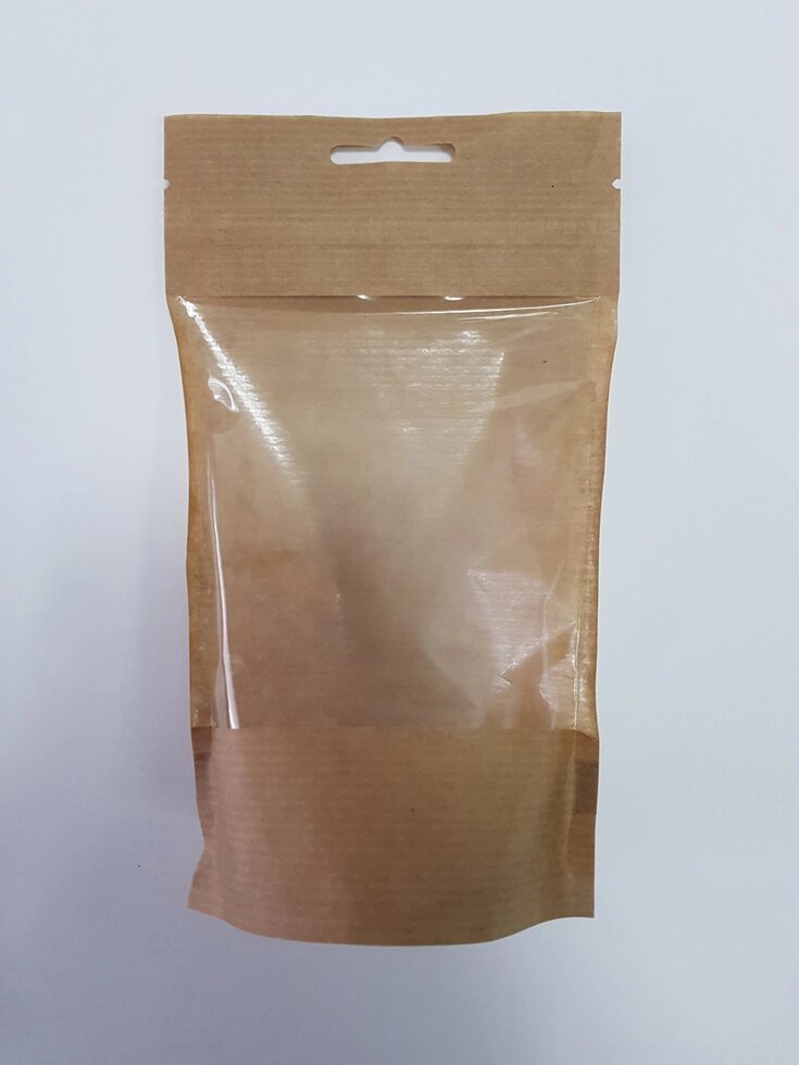 Бумажный пакет с замком 130*205+(30+30) мм с еврослотом и с окном 100 мм от компании Геа-Пак ООО - фото 1