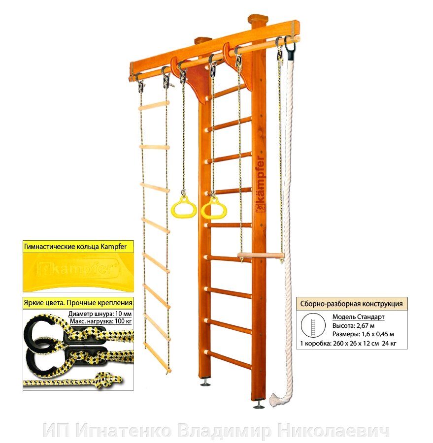 Шведская стенка Kampfer Wooden Ladder Ceiling (№3 Классический Стандарт) от компании ИП Игнатенко Владимир Николаевич - фото 1