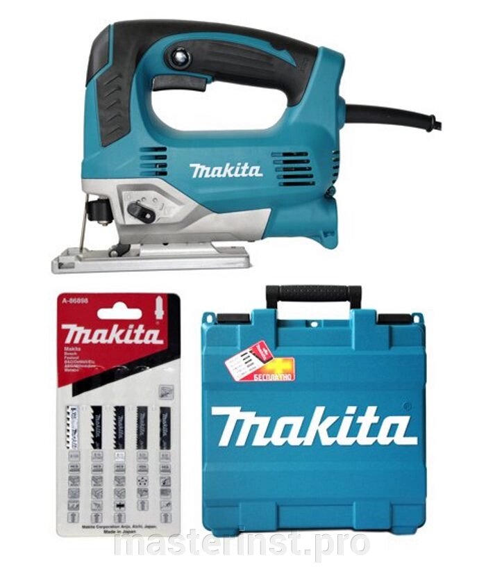 Лобзик MAKITA JV0600KX в/рук,650Вт,500-3100об/м, ход-23мм, рез-90мм,2.4кг, чем,3маят+1,н-р пилок A-8689 от компании "Мастер Инструмент" магазин - фото 1