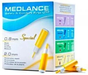 Ланцет Medlance Plus Special. Лезвие 0,8 мм, глубина прокола 2,0 мм, жёлтый (HTL Strefa, Польша)