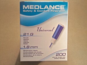 Ланцет Medlance Plus Universal. Игла 21G, глубина прокола 1,8 мм, 200 шт/уп (HTL Strefa, Польша)