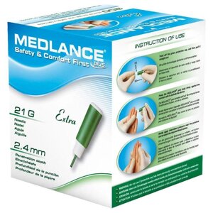 Ланцет Medlance Plus Extra. Игла 21G, глубина прокола 2,4 мм, зелёный