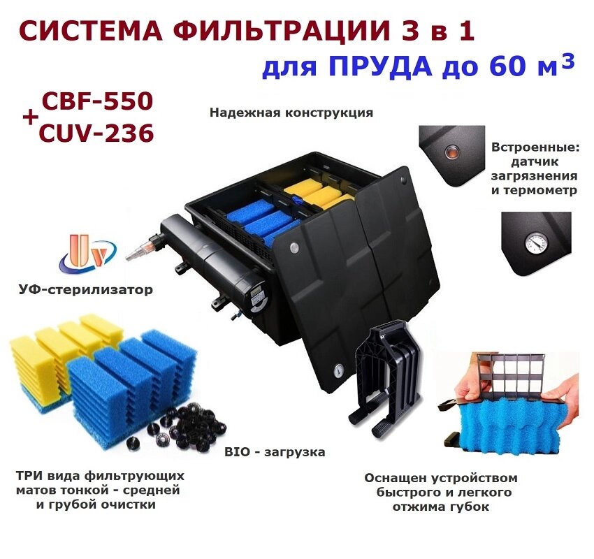 Проточный фильтр для пруда до 60м3 CBF550 CUV236 - сравнение
