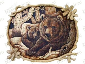 Картина резная, Медведица с медвеженком 1 квадрат, в цвете ( 60*60 см)