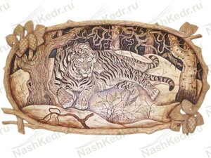 Картина резная, Тигры обнимка, в цвете ( 45*70 см)