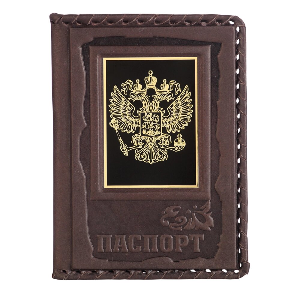 Макей Обложка для паспорта «Герб» с накладкой из стали. Цвет коричневый от компании Интернет-магазин "Тапочки с задником" - фото 1