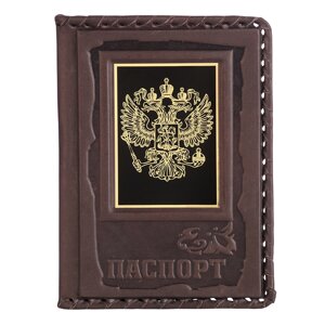 Макей Обложка для паспорта «Герб» с накладкой из стали. Цвет коричневый