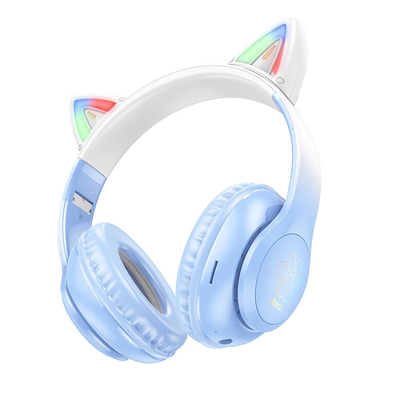 Гарнитура Bluetooth полноразмерная HOCO W42 Cat Ears BT 5.3 400mah MP3 LED складные Blue от компании Медиамир - фото 1