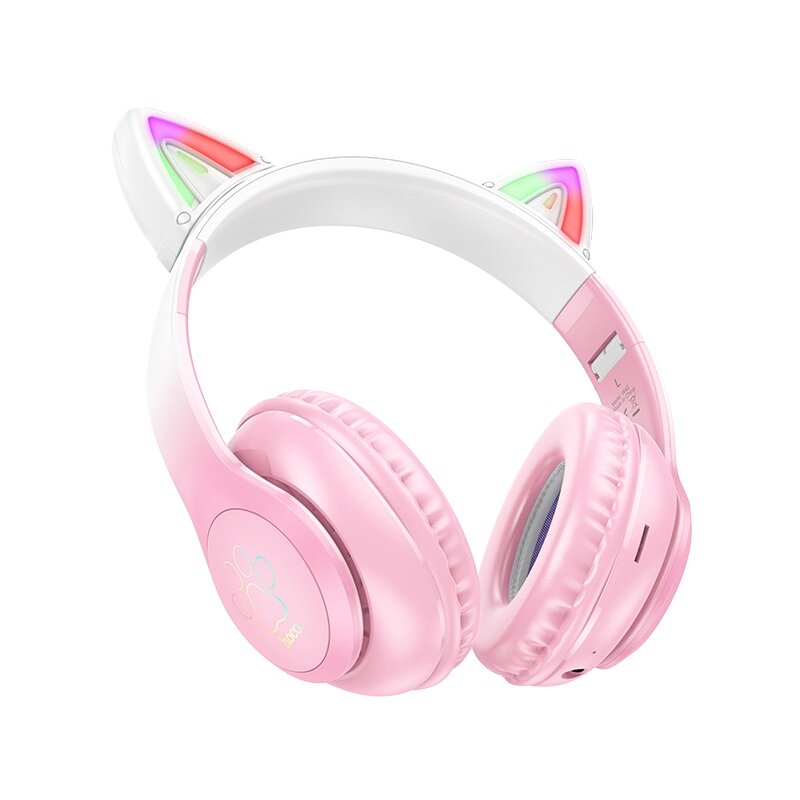 Гарнитура Bluetooth полноразмерная HOCO W42 Cat Ears BT 5.3 400mah MP3 LED складные Pink от компании Медиамир - фото 1