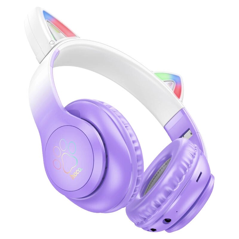 Гарнитура Bluetooth полноразмерная HOCO W42 Cat Ears BT 5.3 400mah MP3 LED складные Purple Grape пc от компании Медиамир - фото 1