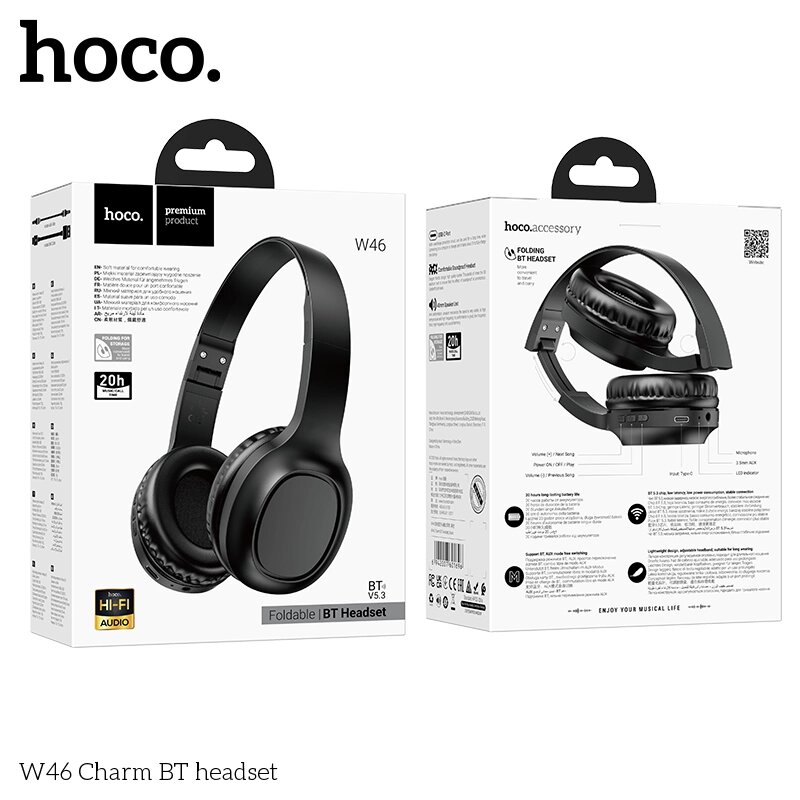 Гарнитура Bluetooth полноразмерная HOCO W46 Charm, bluetooth 5.3, 200мАч складные Black м от компании Медиамир - фото 1