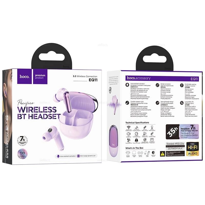 Гарнитура Bluetooth TWS HOCO EQ11 400 мАч . до 7 часов Purple м от компании Медиамир - фото 1