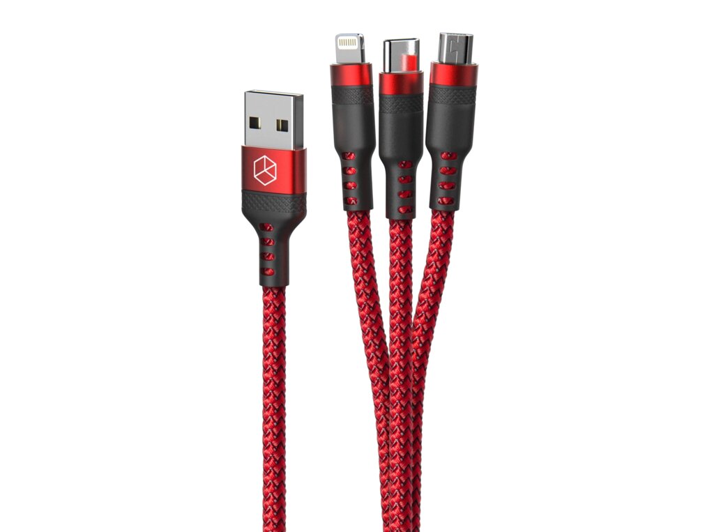 Кабель Breaking Nylon 3в1 Universal, USB - Type-C/Micro/Lightning,60W, 3A,1.2m. (Красный) (21440) от компании Медиамир - фото 1