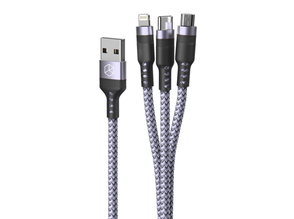 Кабель Breaking Nylon 3в1 Universal, USB - Type-C/Micro/Lightning,60W,3A,1.2m.(Сер/Голуб) (21441) от компании Медиамир - фото 1