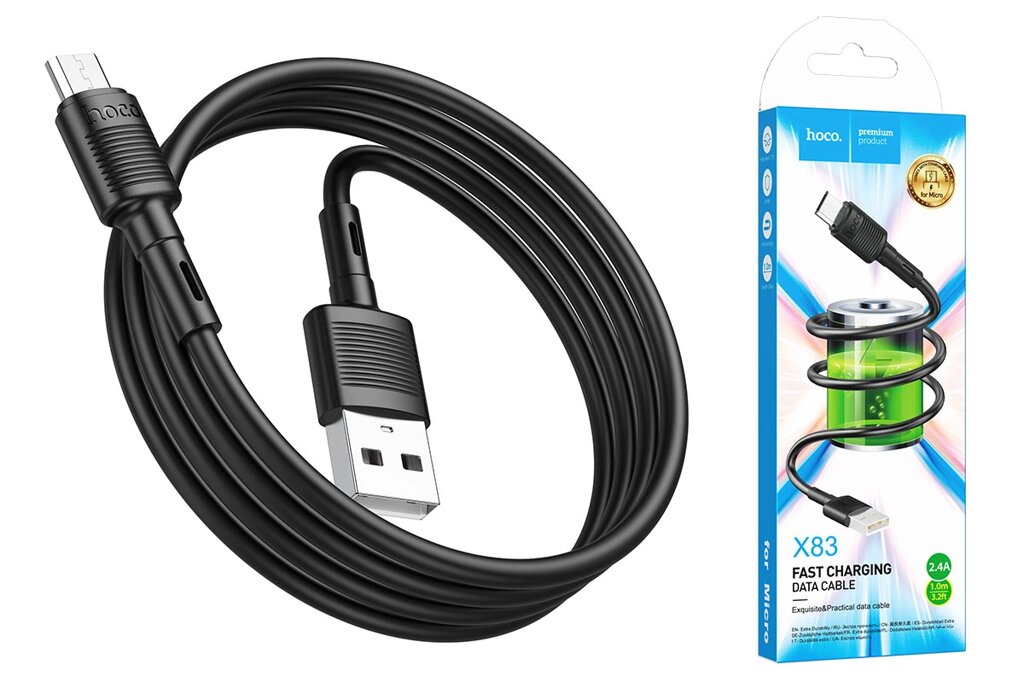 Кабель HOCO MicroUSB X83 2.4А, ПВХ  1м Black от компании Медиамир - фото 1