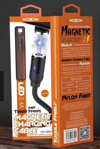 Кабель Moxom Type-C CB-24 съемный магнитный наконечник, LED , 2,4А, нейлон кабель 1 м,, черный ##от компании## Медиамир - ##фото## 1