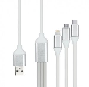 Кабель Smartbuy USB - 3 в 1 Micro+TypeC+Lightning, 3А резин, толст. 1.2 м, белый (iK-312QBOMB white)