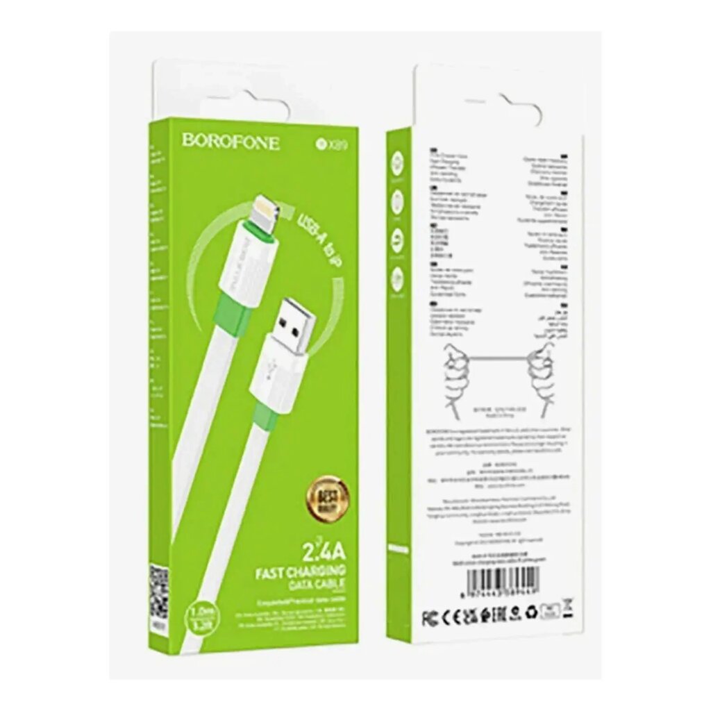 Кабель USB-Lightning Borofon BX89 2.4 A ПВХ  плоский 1м White Green от компании Медиамир - фото 1