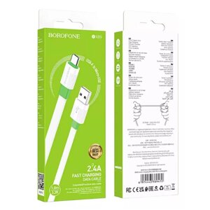 Кабель USB-MicroUSB Borofon BX89 2,4А ПВХ 1м плоский White Green