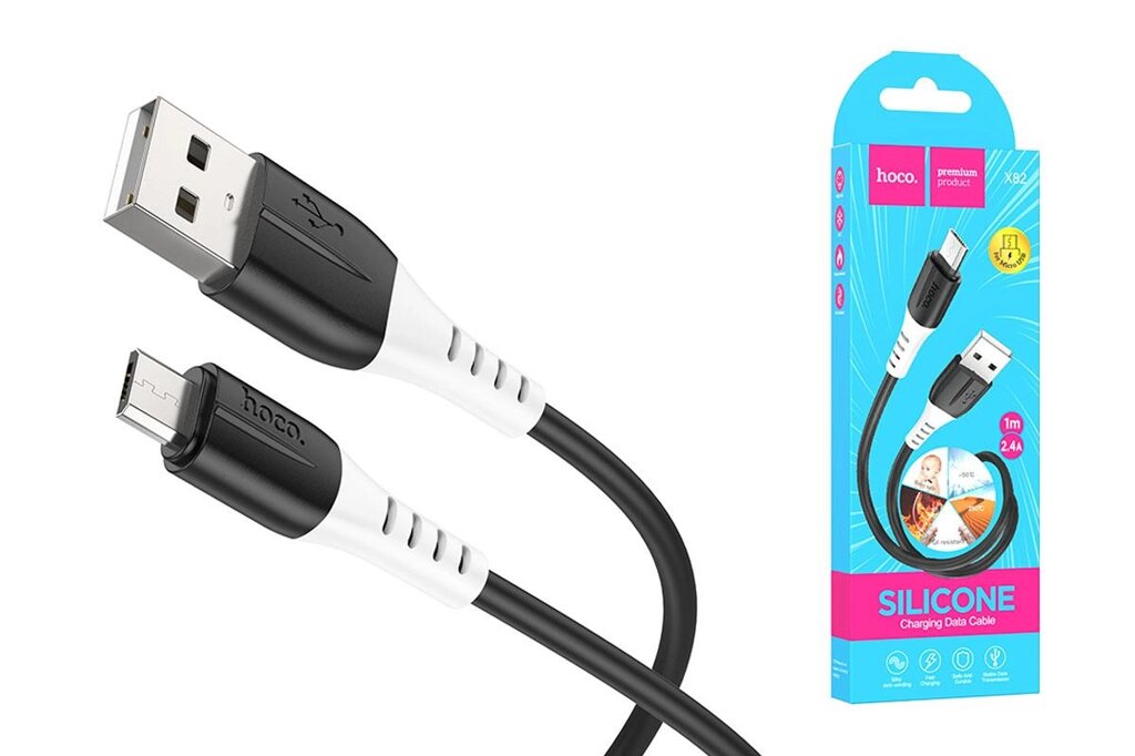 Кабель USB-MicroUSB Hoco X82 2.4А, 1м, силикон Black от компании Медиамир - фото 1