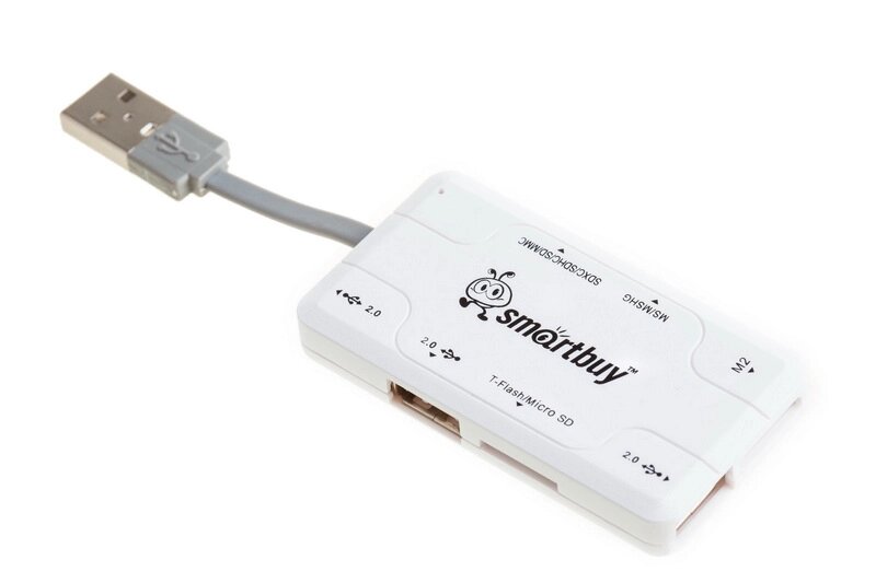 Картридер+Хаб Smartbuy 750, USB 2.0 3 порта SD/microSD/MS/M2 Combo, белый (STRH-750-W) ##от компании## Медиамир - ##фото## 1