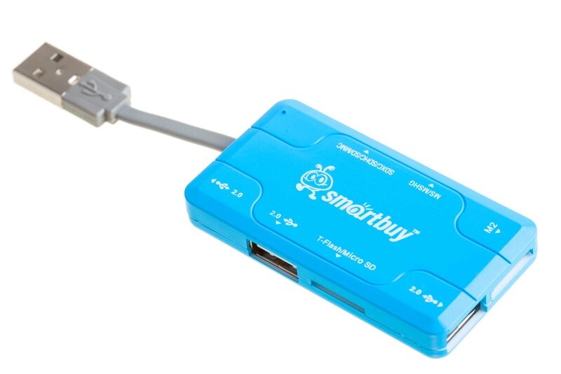 Картридер+Хаб Smartbuy 750, USB 2.0 3 порта SD/microSD/MS/M2 Combo, голубой (SBRH-750-B) ##от компании## Медиамир - ##фото## 1