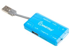 Картридер+Хаб Smartbuy 750, USB 2.0 3 порта SD/microSD/MS/M2 Combo, голубой (SBRH-750-B)