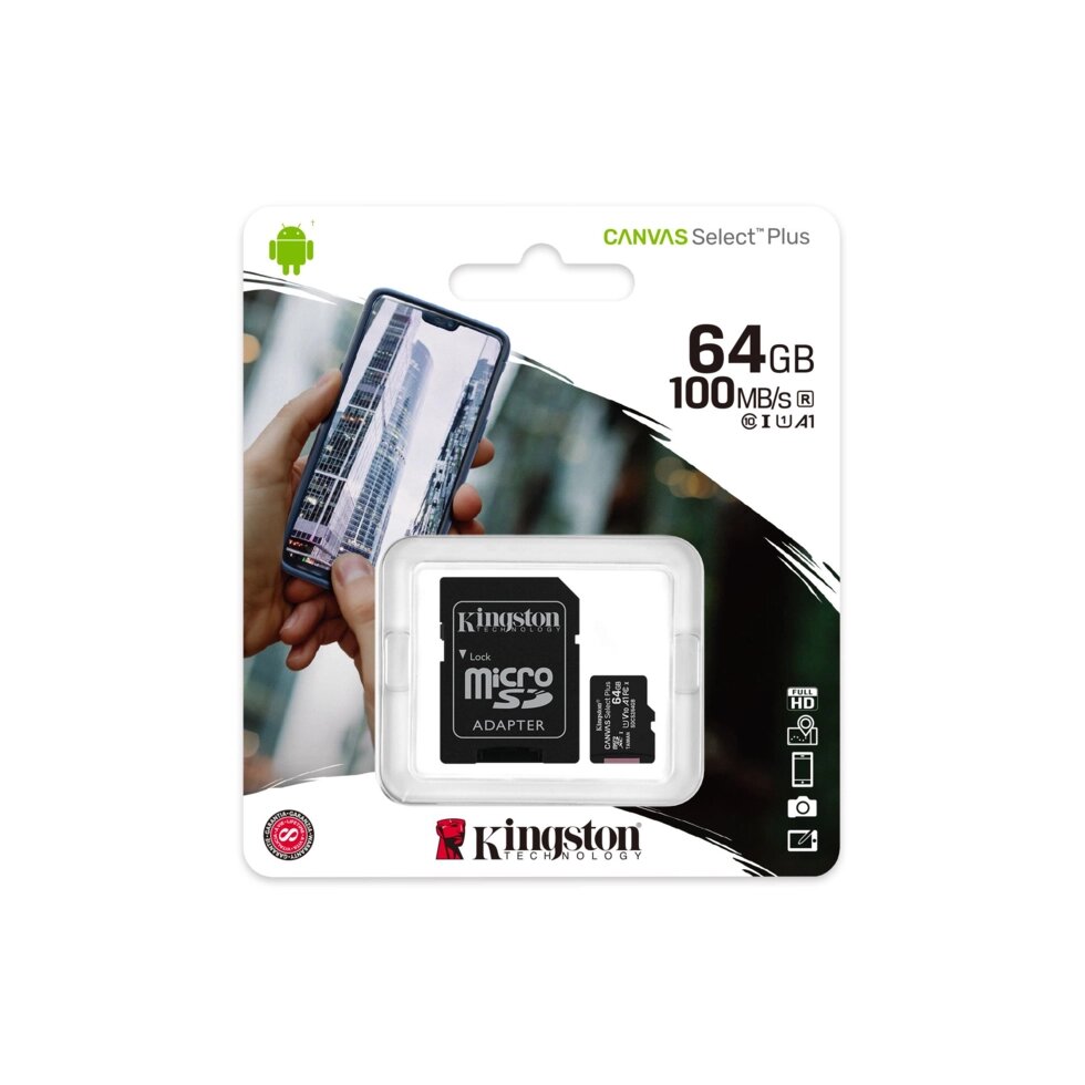 Kingston micro SDHC 64GB Class10 UHS-I Canvas Select Plus (с адаптером SD) от компании Медиамир - фото 1