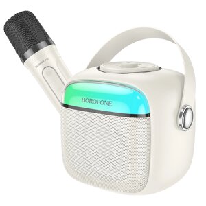 Колонка портативная Borofone BP15 5W 1500mAh FM/USB/AUX/караоке/подсветка/пров. МИКРОФОН Milky White