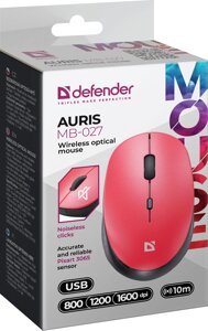Мышь беспроводная Defender Auris MB-027 красный ,4D,800-1600dpi, 1*АА, бесшумн, коробка (52026)