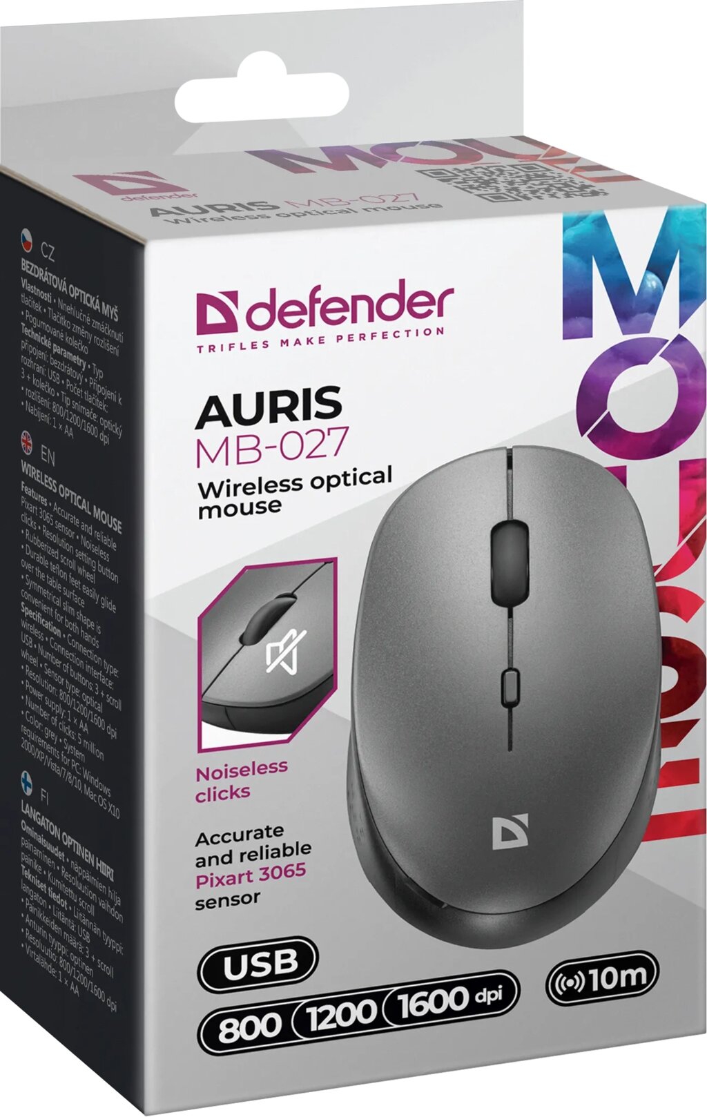 Мышь беспроводная Defender Auris MB-027 серый ,4D,800-1600dpi, 1*АА, бесшумн, коробка (52029) от компании Медиамир - фото 1