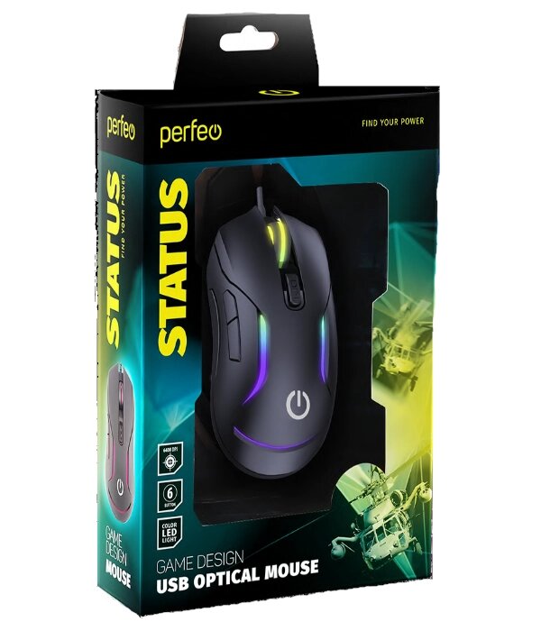 Мышь проводная игровая Perfeo GAME DESIGN,"STATUS", 6 кн, USB, чёрн,4цв. подсв.,1000-6400 DPI PF_B4884 от компании Медиамир - фото 1