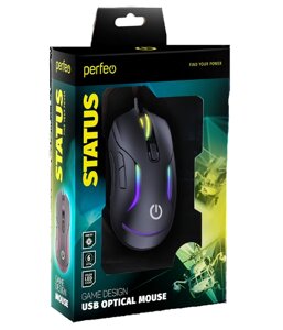 Мышь проводная игровая perfeo GAME design,"status", 6 кн, USB, чёрн,4цв. подсв.,1000-6400 DPI pf_b4884