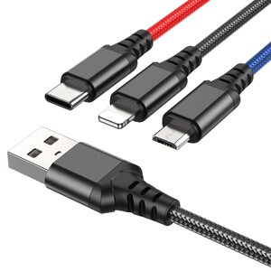 Кабель 3in1 HOCO X76 2A USB - Lightning / Micro / Type-C 1м нейлон Black+Red+Blue п