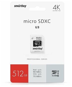 Smart Buy micro SDXC 512GB Class10 PRO U3 R/W:90/70 MB/s (с адаптером SD)