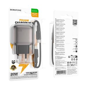 ЗУ Сетевое Borofon BAS53A 1TypeC 3.0A PD 20W быстрая зарядка + кабель Lightning/TypeC Black